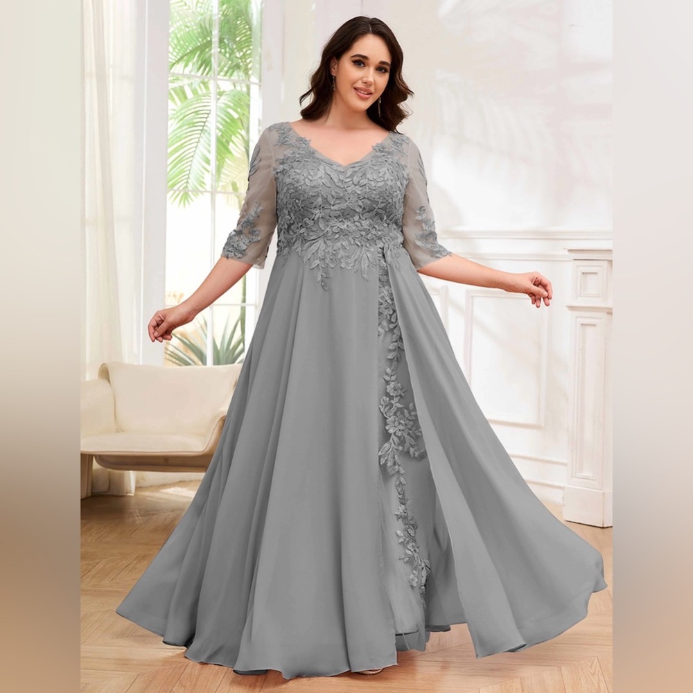 Silver Sparkly Sequin Chiffon embroidered MOB/MOG for Wedding 3/4 sleeves 20W
